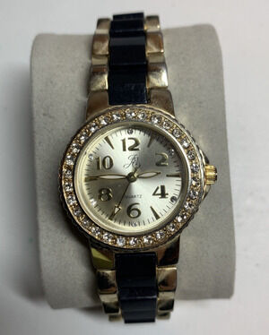 JS Watch Gold tone Black Bracelet Crystals Watch Women's
